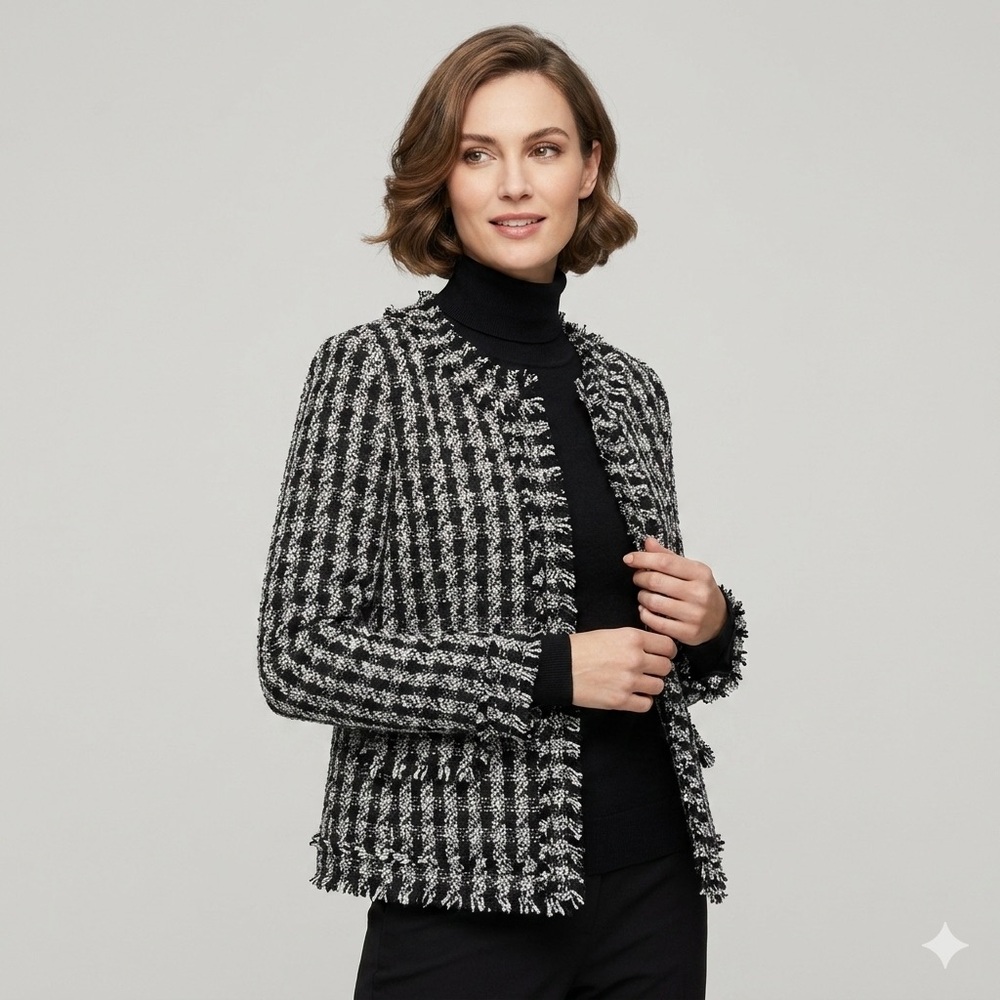 ANN TAYLOR Houndstooth Tweed Fringe Blazer Jacket - Black/White Size 14